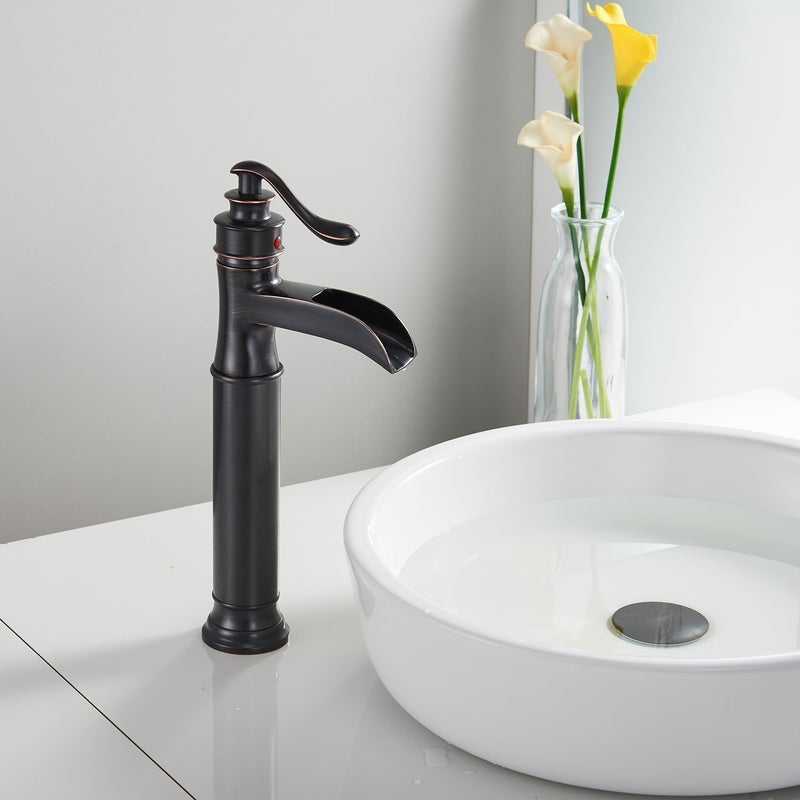 BATHFINESSE Oil Rubbed Bronze Deck Mount Faucet with Waterfall Flow, Low Lead Brass Construction, Easy Installation, Drain Assembly Included - Image 3